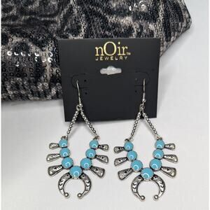 Turquoise Earrings Squash Blossom Silver Tone